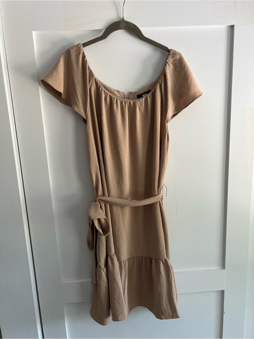 DKNY Beige Short-Sleeve Belted Mini Dress